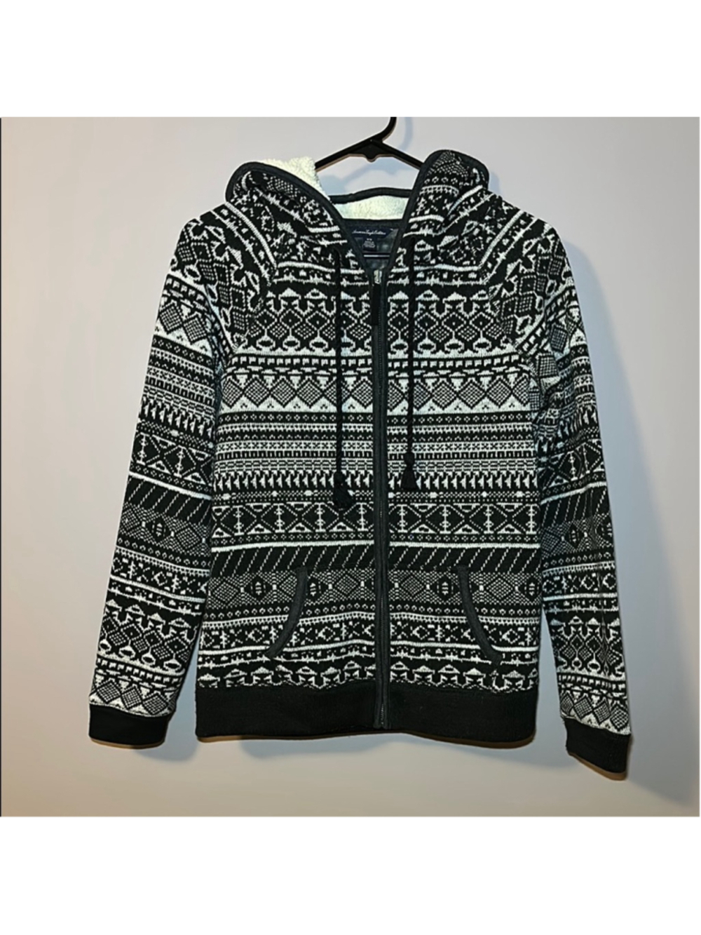 American Eagle Sherpa Lined Hoodie Full Zip Black White M